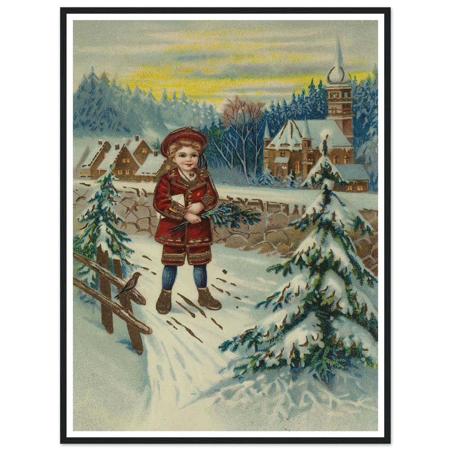 Boy With Pine Sprig In Snow - Framed Poster - 30x40 cm / 12x16″ - Black frame
