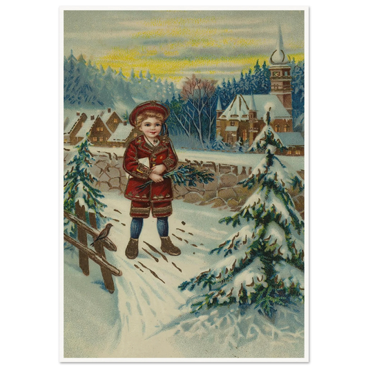 Boy With Pine Sprig In Snow - Framed Poster - 30x40 cm / 12x16″ - Black frame