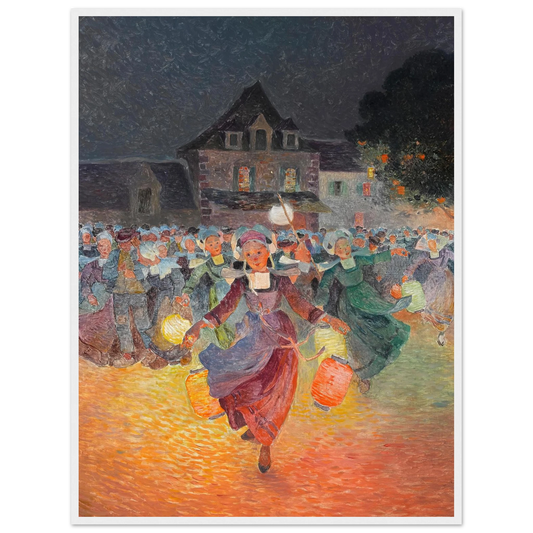 Breton Women with Lamps Art Print | Ferdinand du Puigaudeau - Framed Poster - 30x40 cm / 12x16″ - Black frame