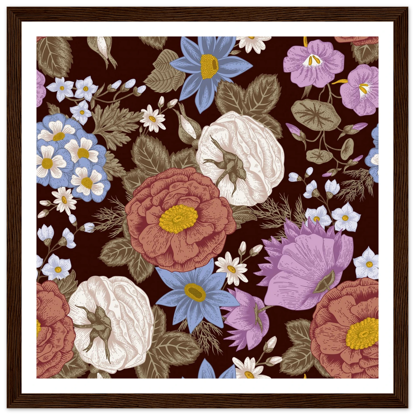 Burgundy Garden Riot Art Print | William Morris Inspired - Framed Poster - 30x30 cm / 12x12″ - Black frame