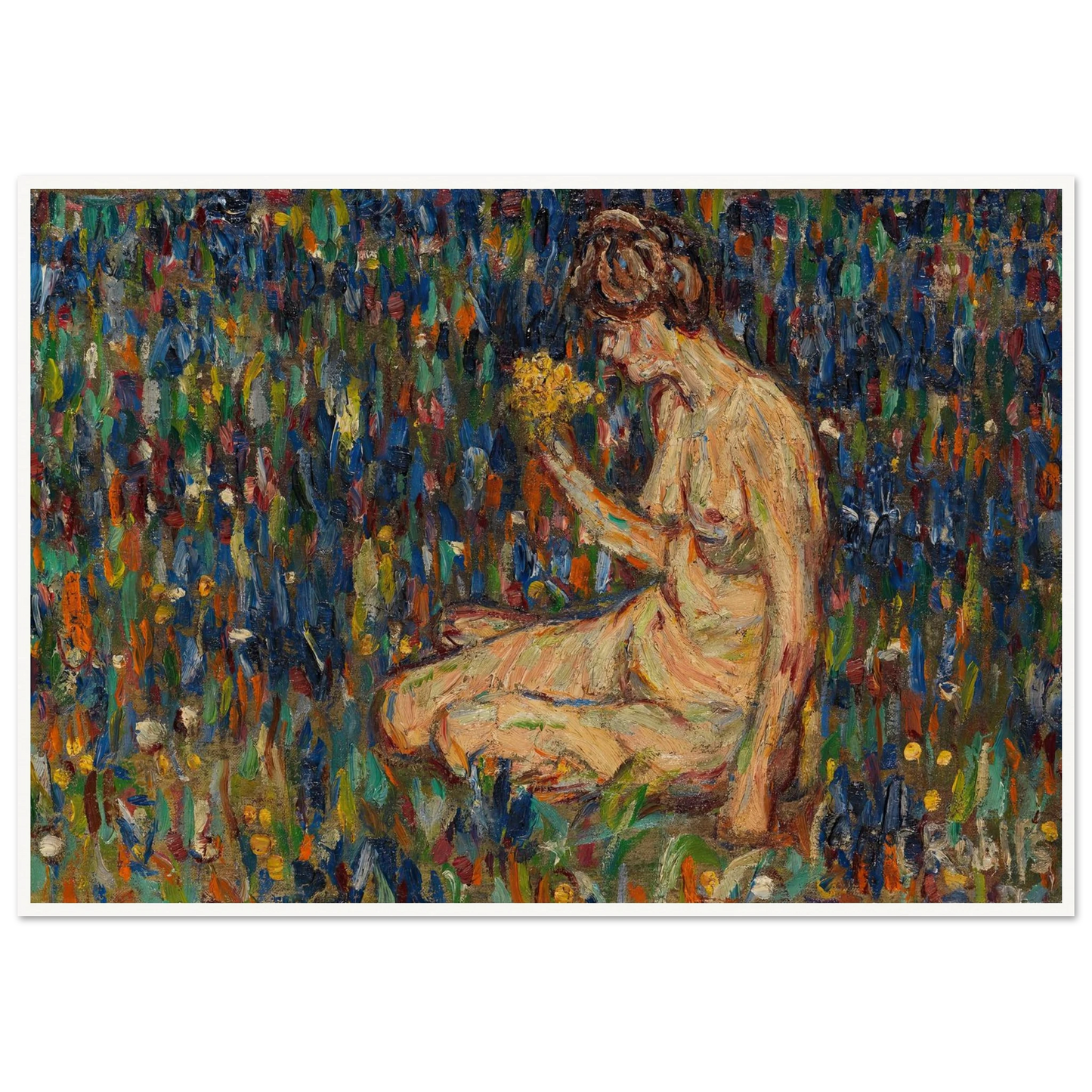 Frauenakt mit gelbem Blumenstrauß (Mädchen auf der Wiese) (1905) Art Print | Christian Rohlfs-Quipham Collections