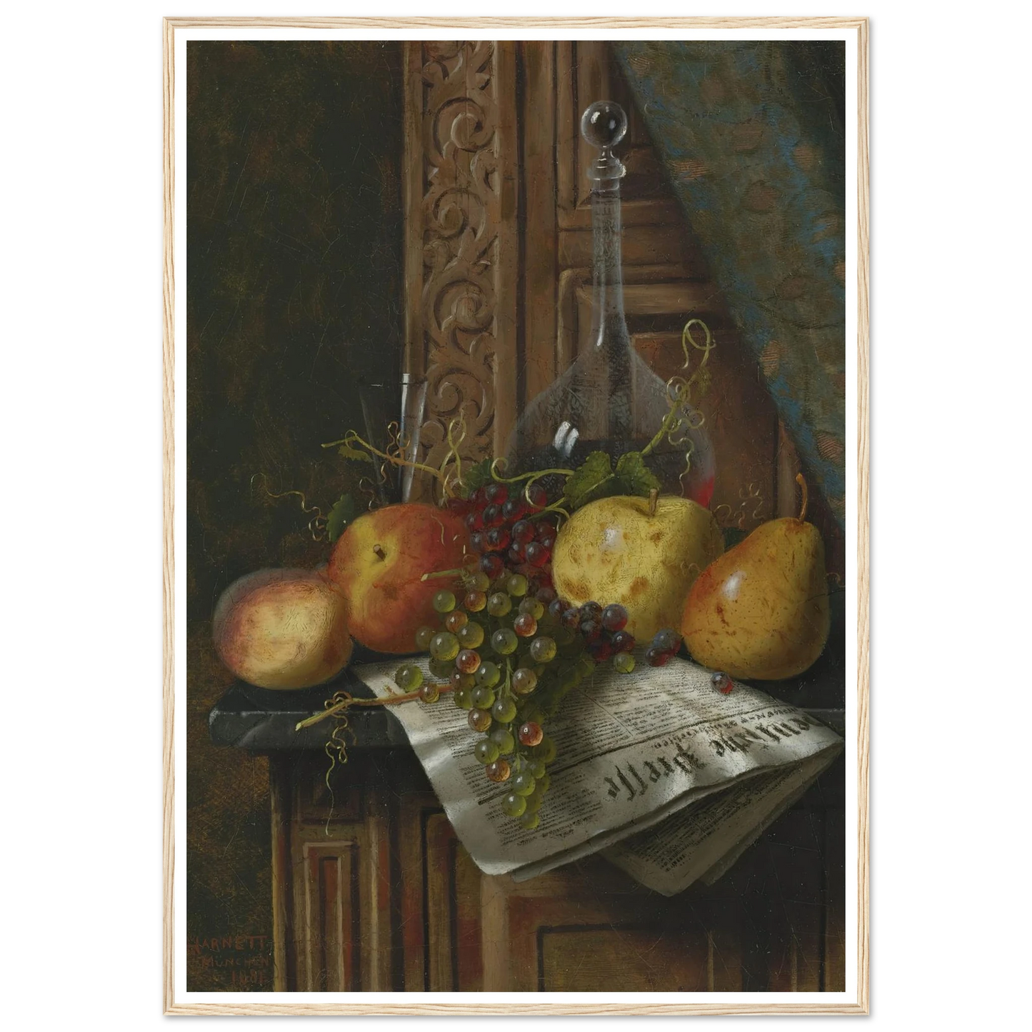 Still Life with Munich Newspaper, Fruit and Decanter (1881) Art Print | William Michael Harnett-Quipham Collections
