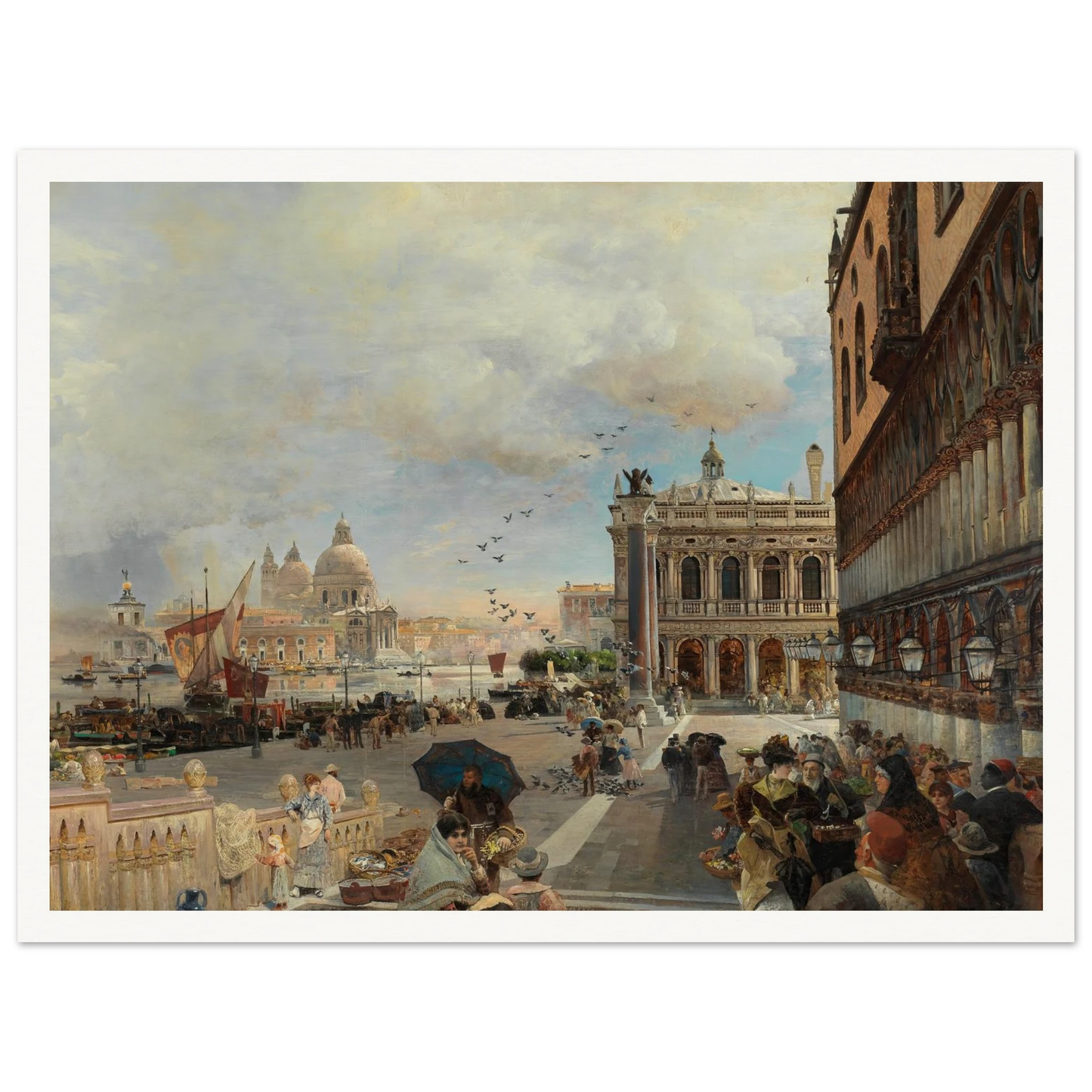 Venice, A View Of The Piazzetta, With The Biblioteca Marciana, Santa Maria Della Salute And The Dogana Art Print | Oswald Achenbach-Quipham Collections