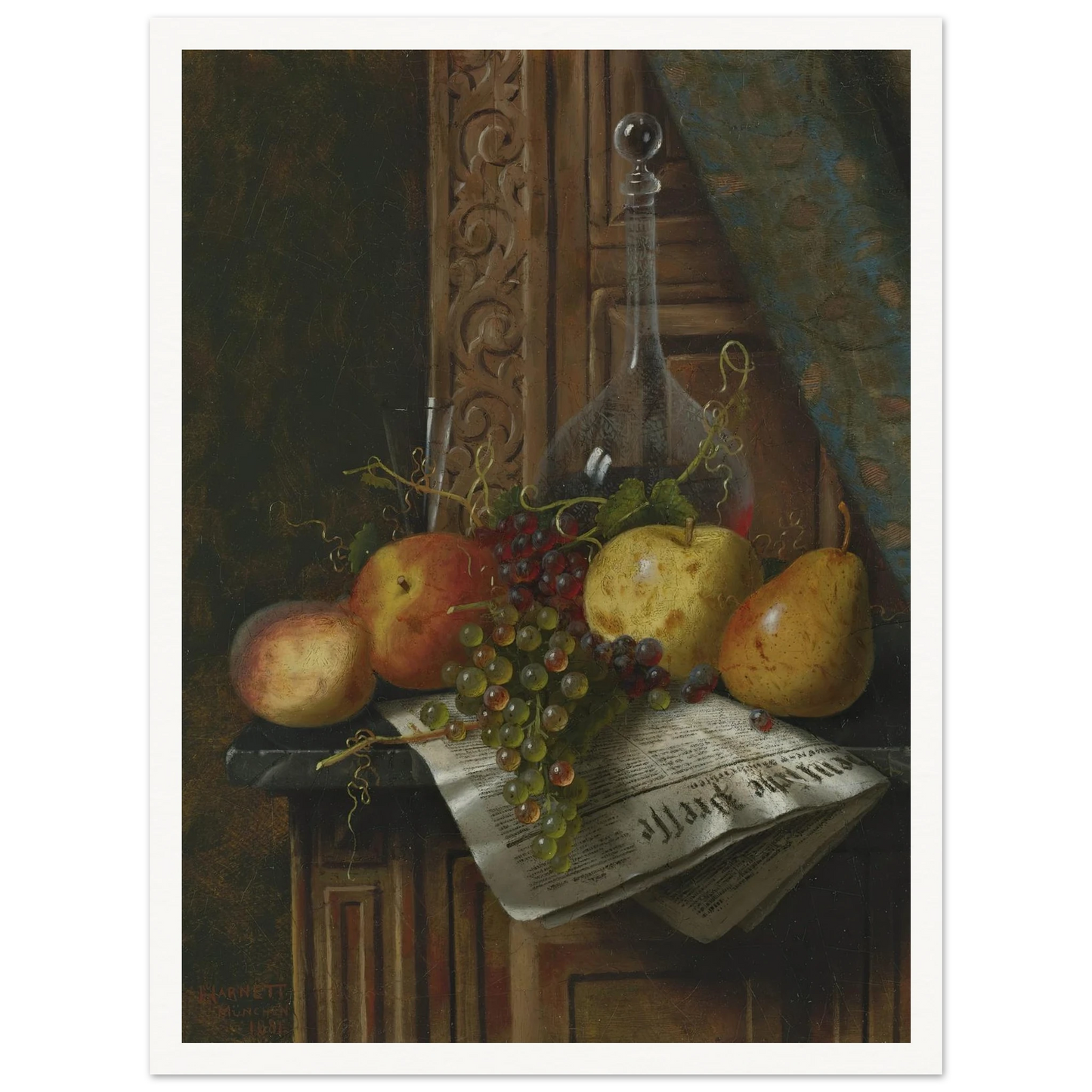 Still Life with Munich Newspaper, Fruit and Decanter (1881) Art Print | William Michael Harnett-Quipham Collections