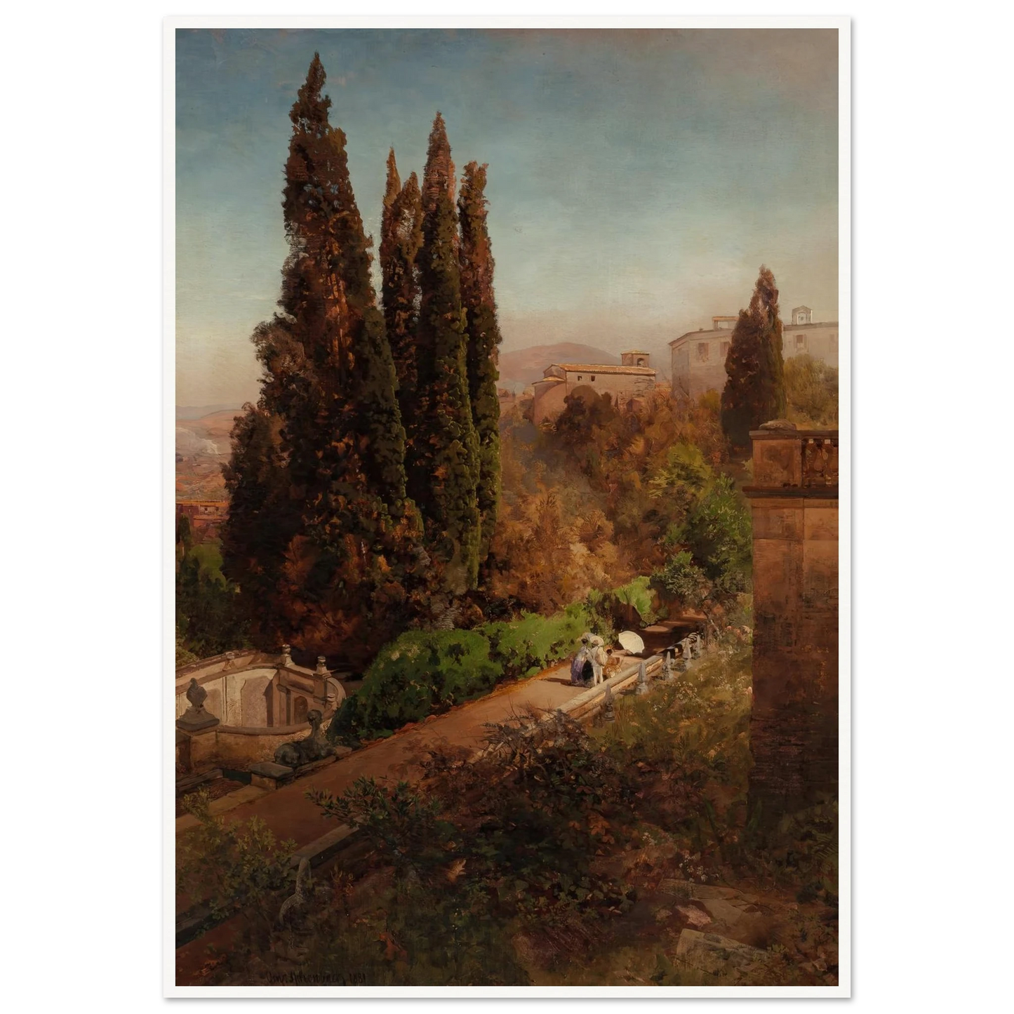 View from high in the gardens of Villa Torlonia, Frascati, Rome (1881) Art Print | Oswald Achenbach-Quipham Collections