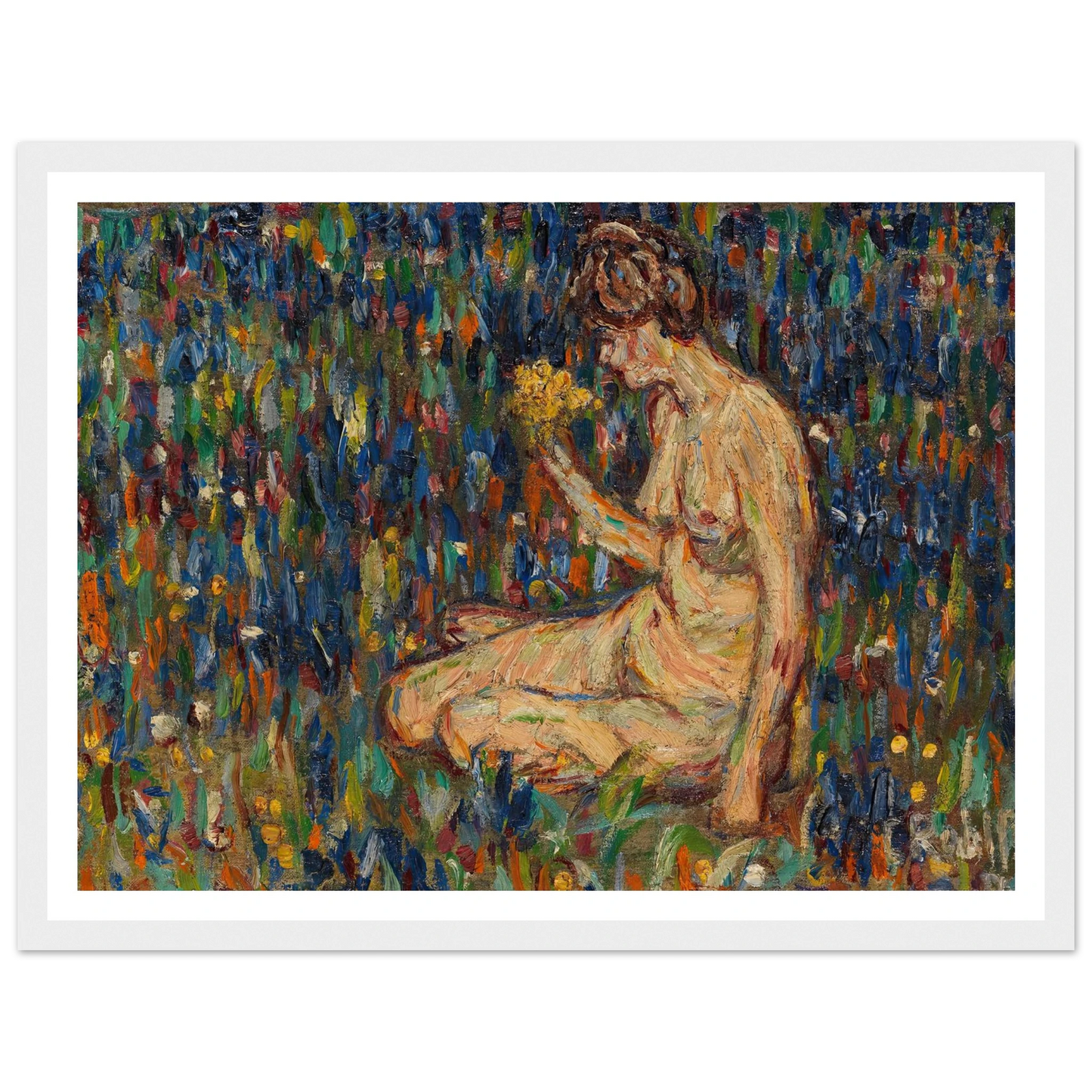 Frauenakt mit gelbem Blumenstrauß (Mädchen auf der Wiese) (1905) Art Print | Christian Rohlfs-Quipham Collections