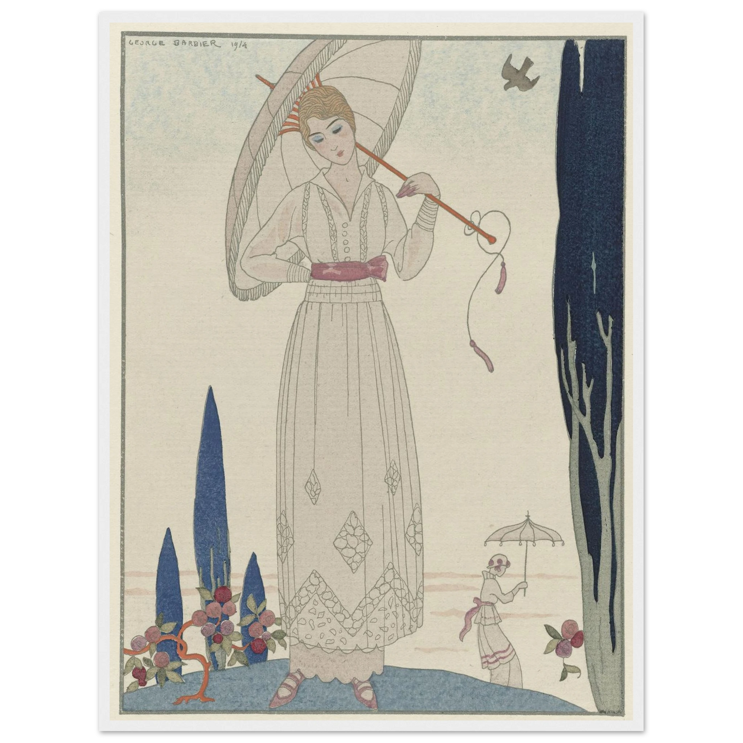Le cyprès et la rose ; Robe d’été de Doeuillet (1914) Art Print | George Barbier-Quipham Collections