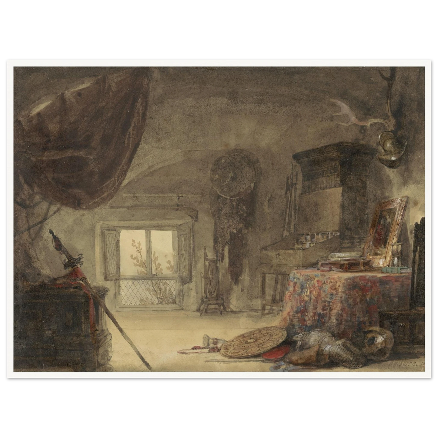 Zoldervertrek, ingericht als atelier (1830 - 1839) Art Print | David Roberts-Quipham Collections
