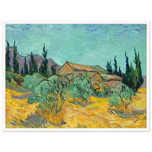 Cabanes de bois parmi les oliviers et cyprès (1889) Art Print | Vincent van Gogh - Framed Poster - 30x40 cm / 12x16″ - Black frame