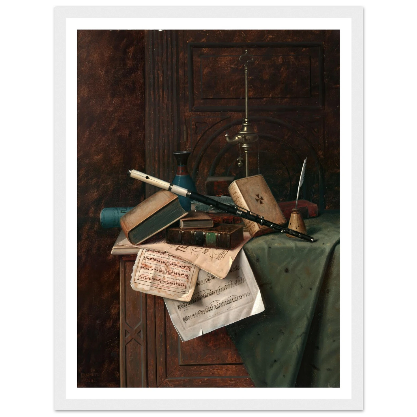 Still Life with Flute, Vase and Roman Lamp (1885) Art Print | William Michael Harnett-Quipham Collections
