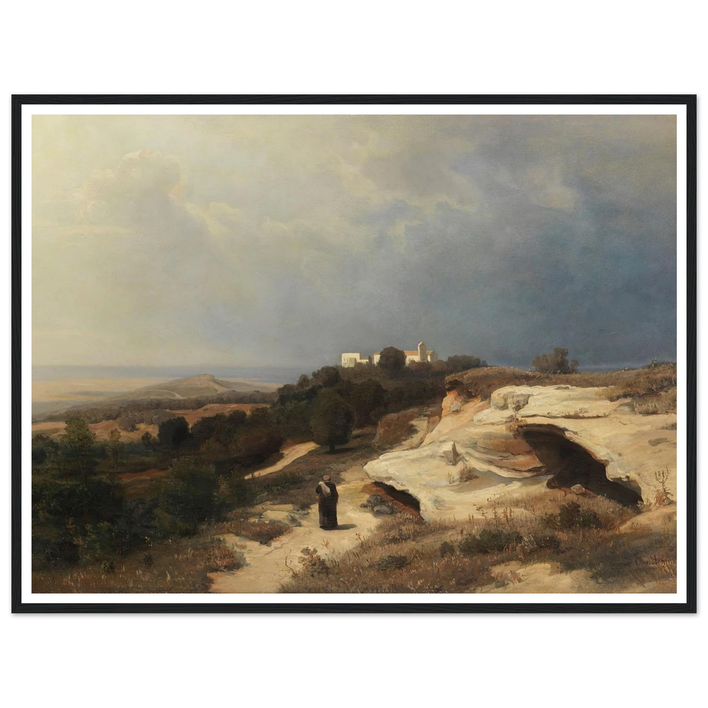 Campagnalandschaft mit wanderndem Mönch (1850) Art Print | Oswald Achenbach - Framed Poster - 30x40 cm / 12x16″ - Black frame