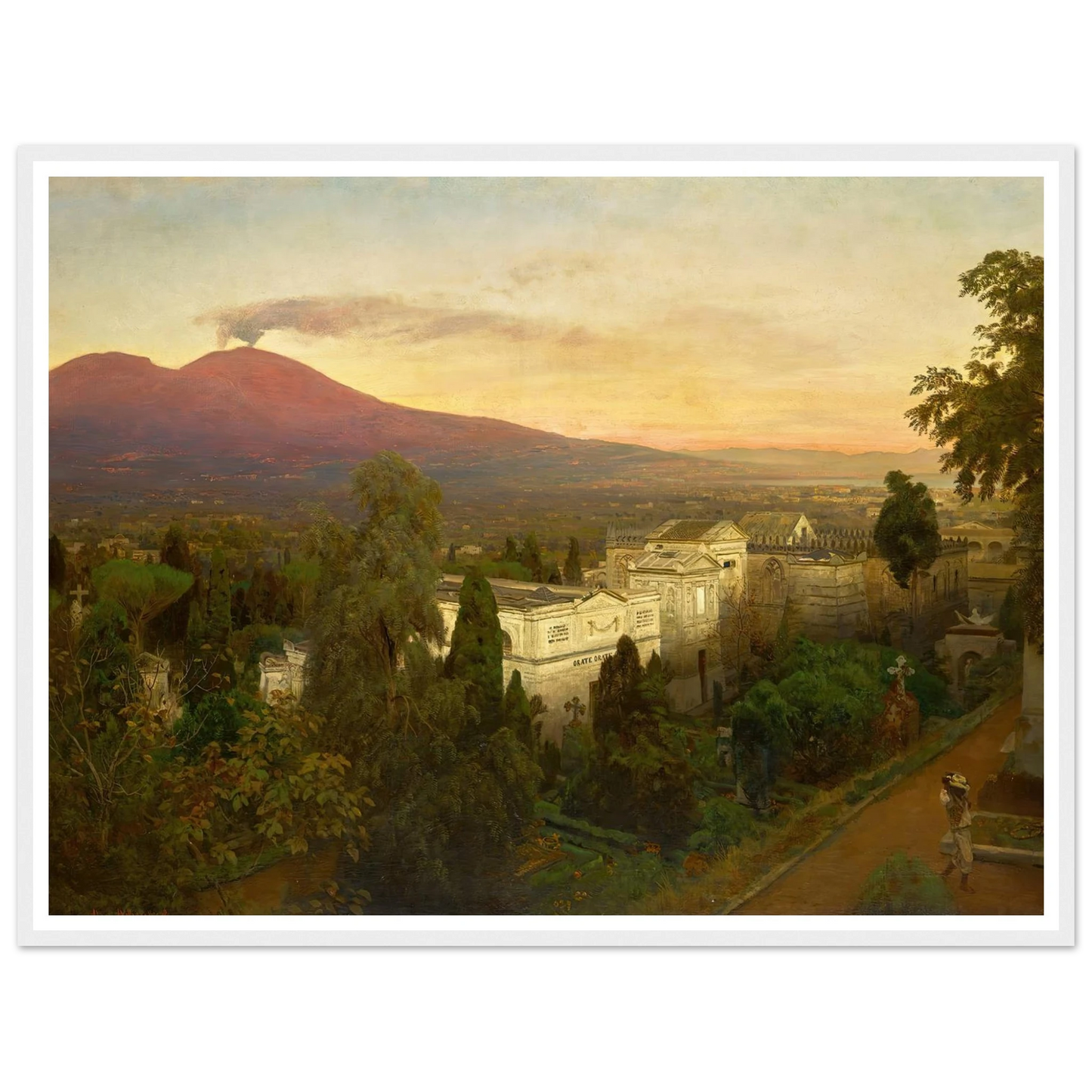 Campo Santo in Poggioreale, the Vesuvius Beyond Art Print | Oswald Achenbach - Framed Poster - 30x40 cm / 12x16″ - Black frame