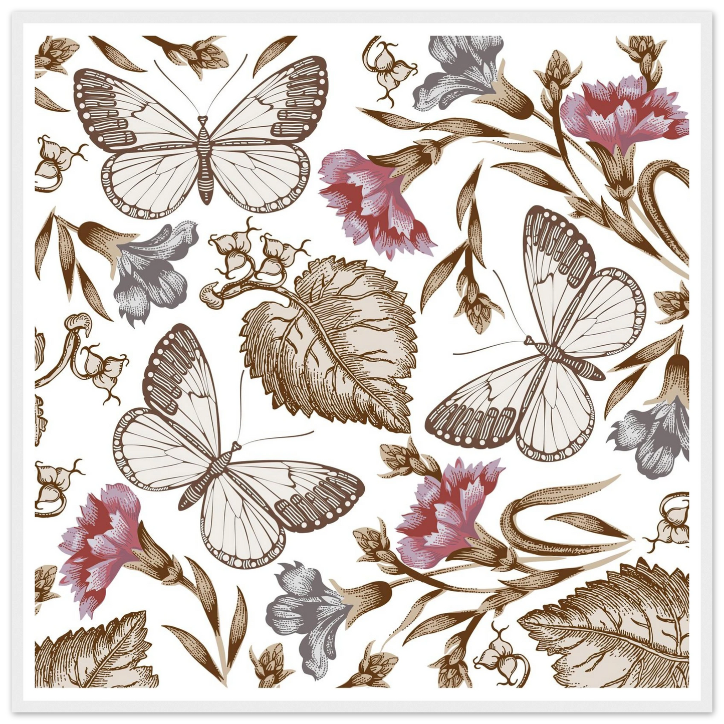 Carnation & White Wings Art Print | William Morris Inspired - Framed Poster - 30x30 cm / 12x12″ - Black frame