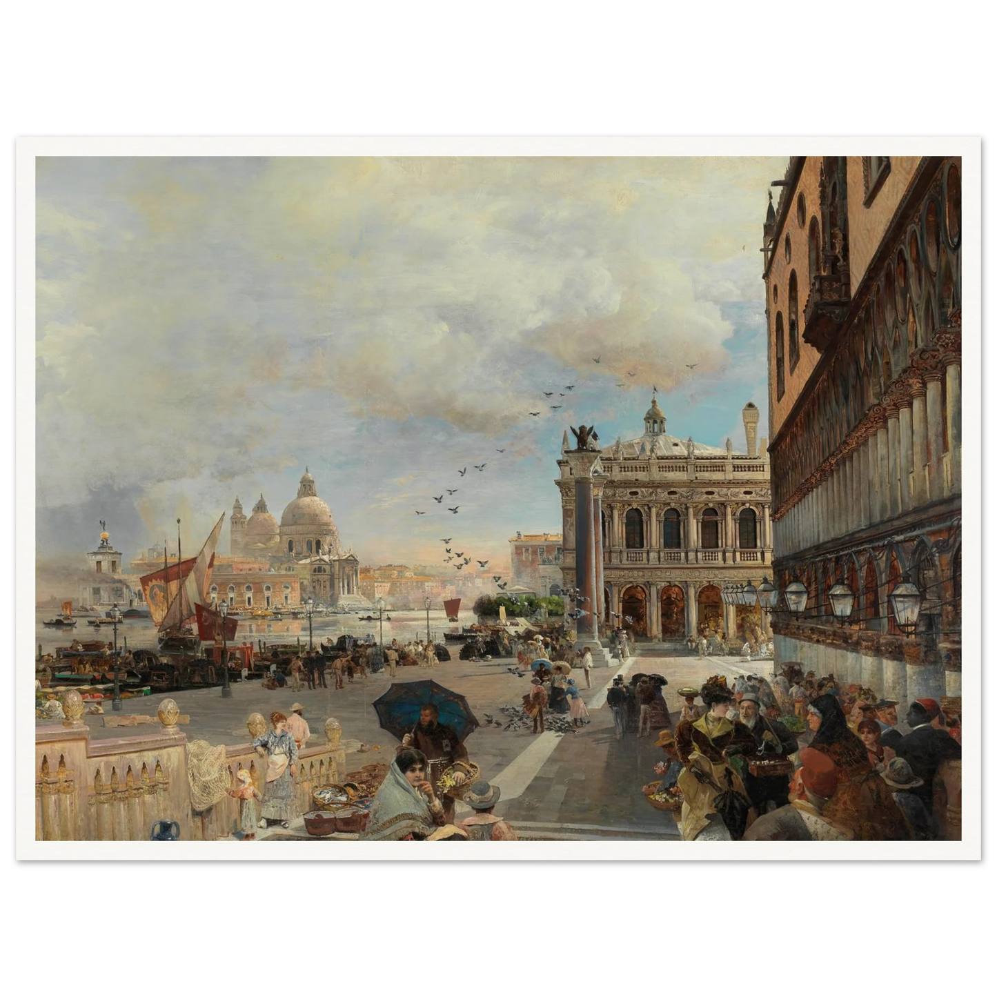 Venice, A View Of The Piazzetta, With The Biblioteca Marciana, Santa Maria Della Salute And The Dogana Art Print | Oswald Achenbach-Quipham Collections