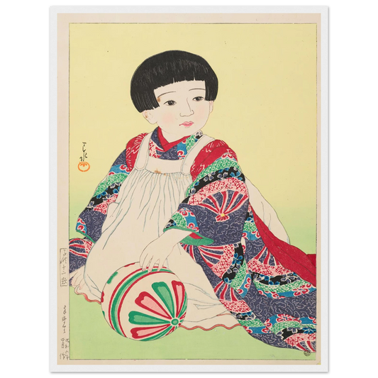 Temari (A hand ball, portrait of Takagi Junko) (1931) Art Print | Kawase Hasui - Framed Poster - 30x40 cm / 12x16″ - Black frame