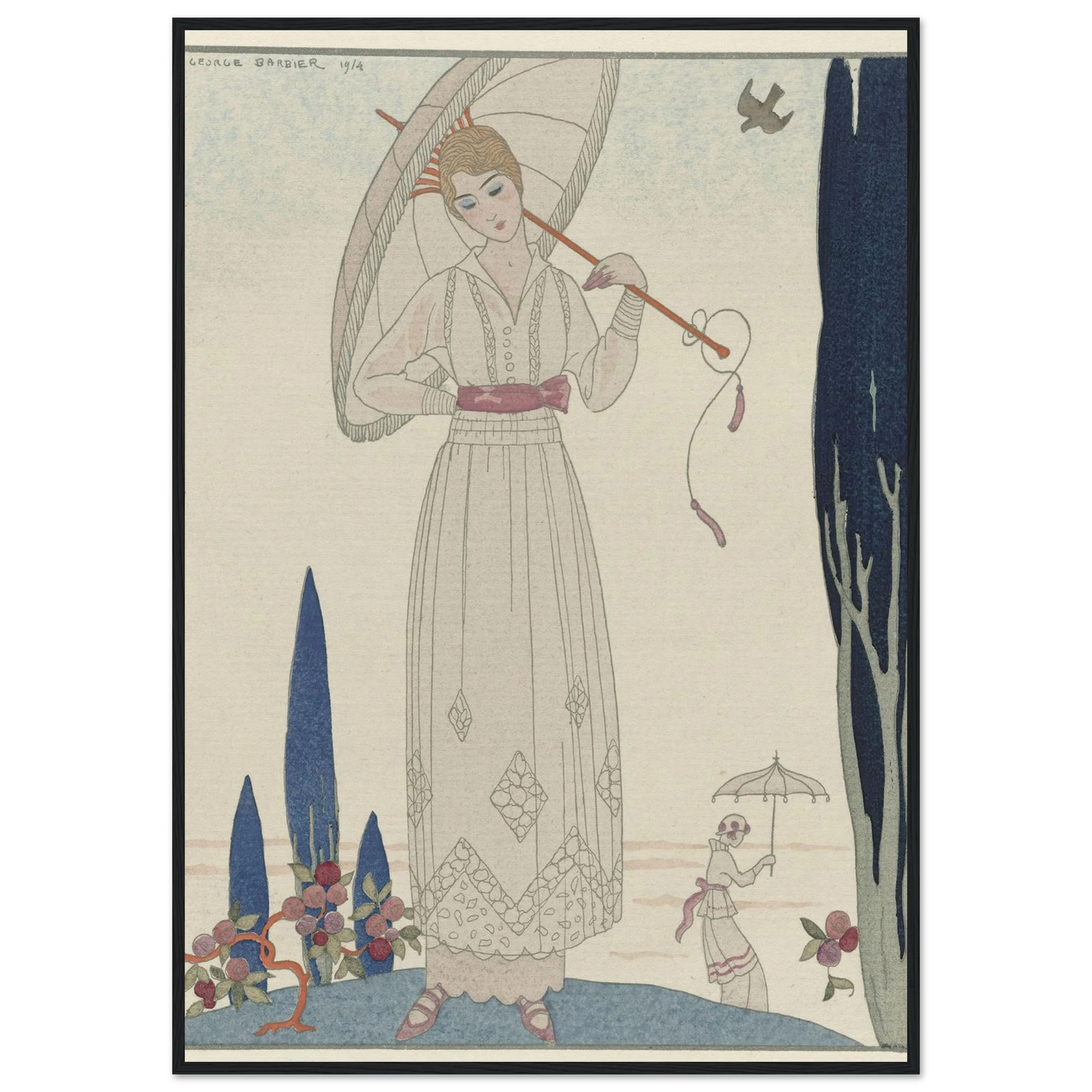 Le cyprès et la rose ; Robe d’été de Doeuillet (1914) Art Print | George Barbier-Quipham Collections
