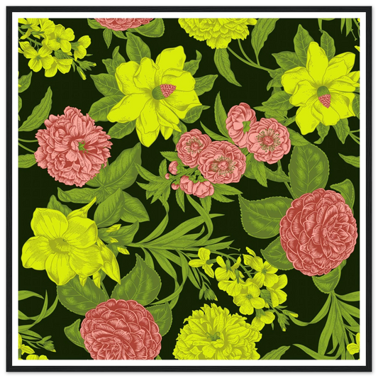 Chartreuse Camellia Deep Art Print | William Morris Inspired - Framed Poster - 30x30 cm / 12x12″ - Black frame