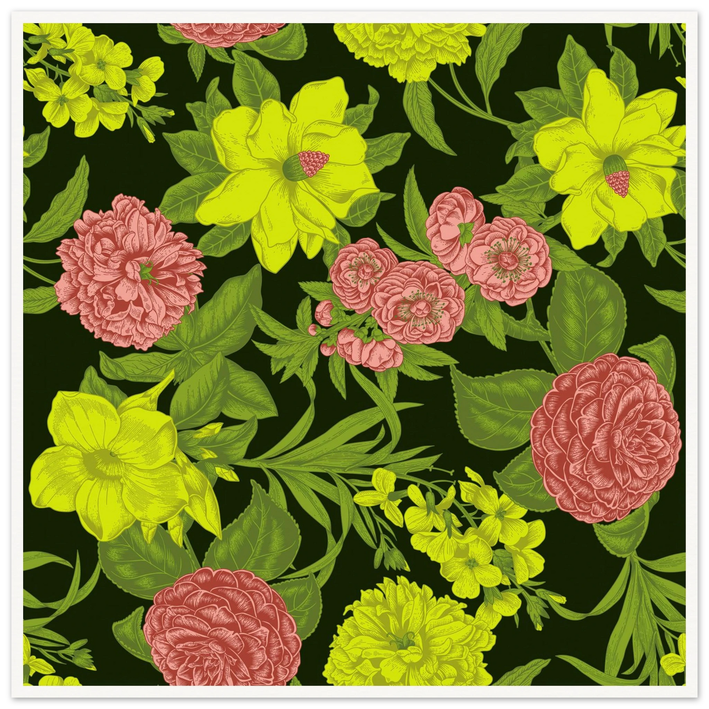 Chartreuse Camellia Deep Art Print | William Morris Inspired - Framed Poster - 30x30 cm / 12x12″ - Black frame
