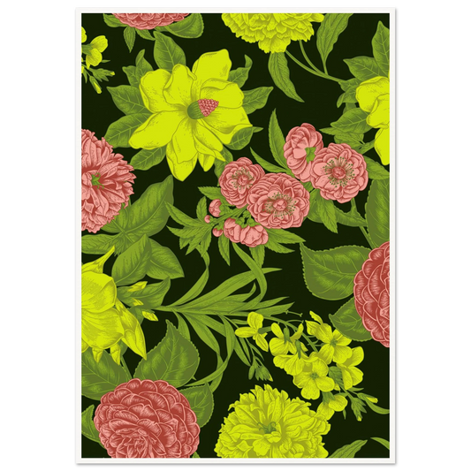 Chartreuse Camellia Deep Art Print | William Morris Inspired - Framed Poster - 30x30 cm / 12x12″ - Black frame