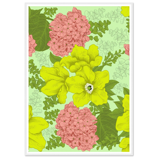 Chartreuse Hydrangea Art Print | William Morris Inspired - Framed Poster - 30x30 cm / 12x12″ - Black frame