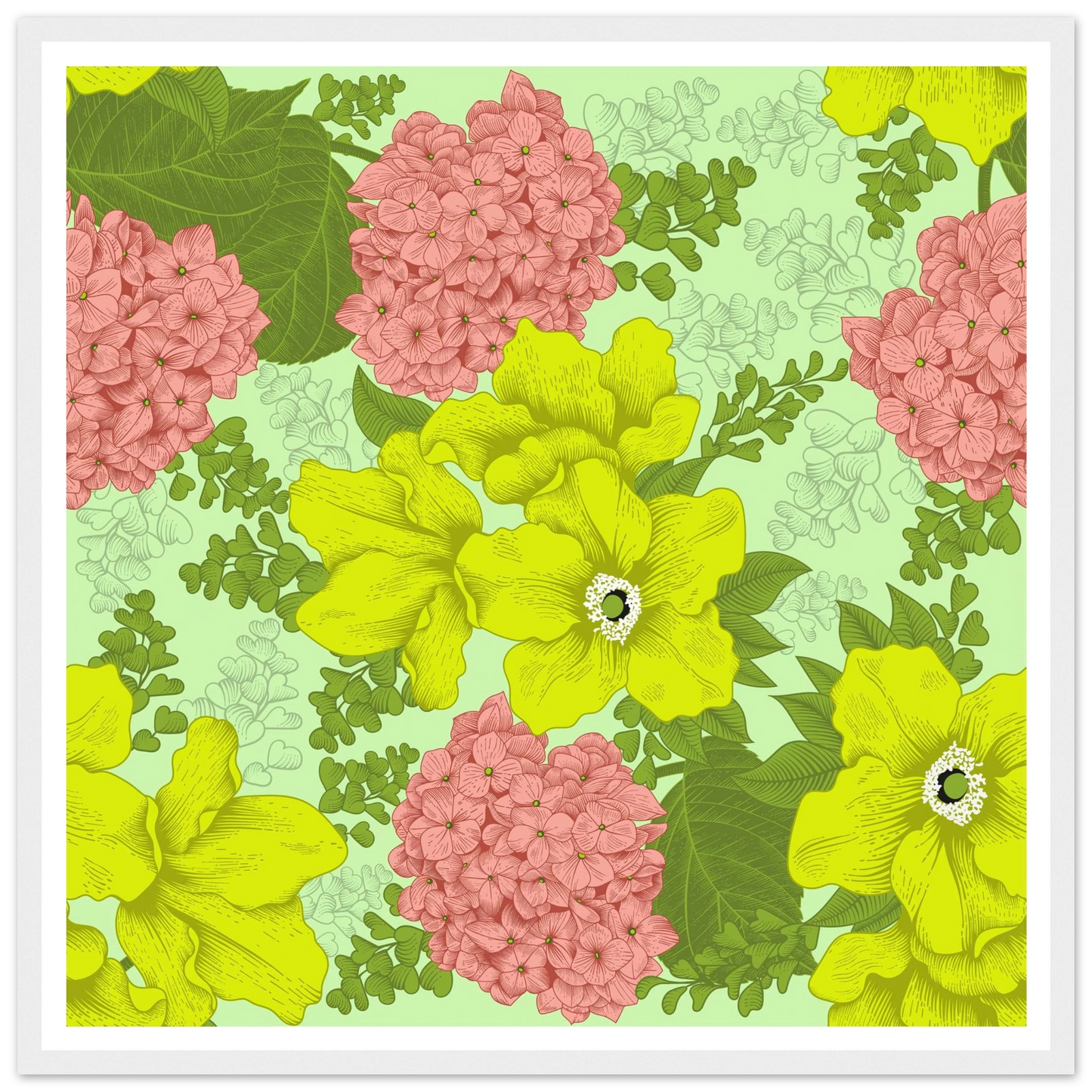 Chartreuse Hydrangea Art Print | William Morris Inspired - Framed Poster - 30x30 cm / 12x12″ - Black frame