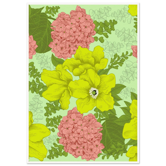 Chartreuse Hydrangea Art Print | William Morris Inspired - Framed Poster - 30x30 cm / 12x12″ - Black frame