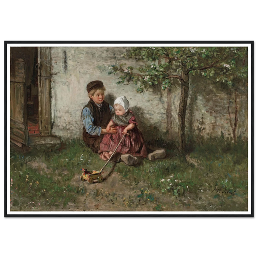 Children Playing with a Toy Wagon Art Print | Jozef Israels - Framed Poster - 30x40 cm / 12x16″ - Black frame