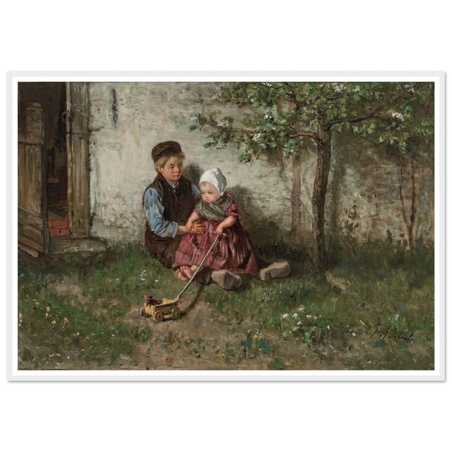 Children Playing with a Toy Wagon Art Print | Jozef Israels - Framed Poster - 30x40 cm / 12x16″ - Black frame