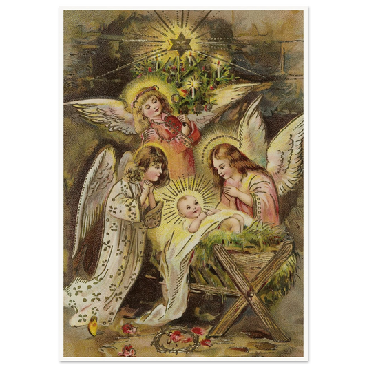 Christmas card with angels and baby Jesus in the manger - Framed Poster - 30x40 cm / 12x16″ - Black frame