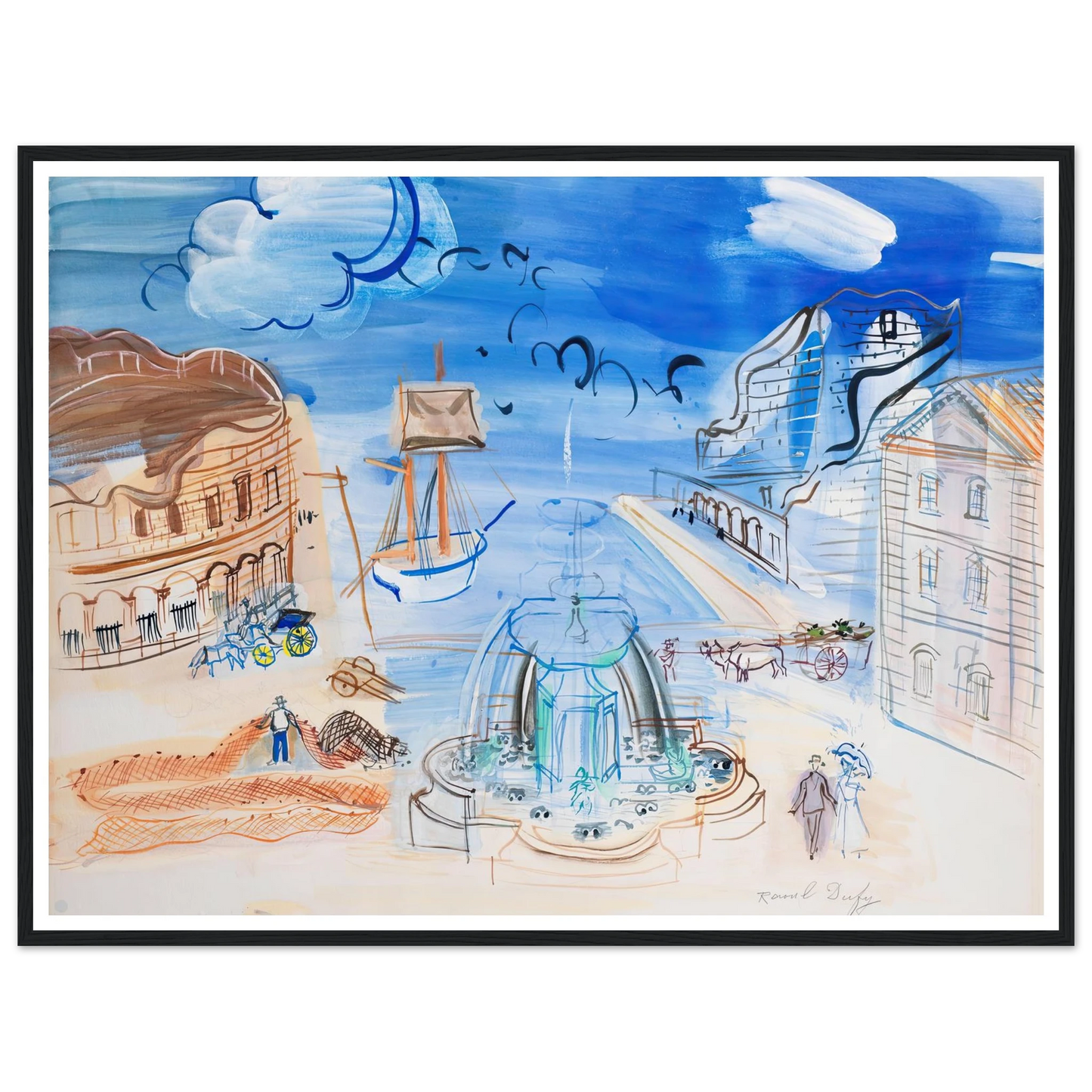 Composition au port et à la fontaine (circa 1950) Art Print | Raoul Dufy - Framed Poster - 30x40 cm / 12x16″ - Black frame