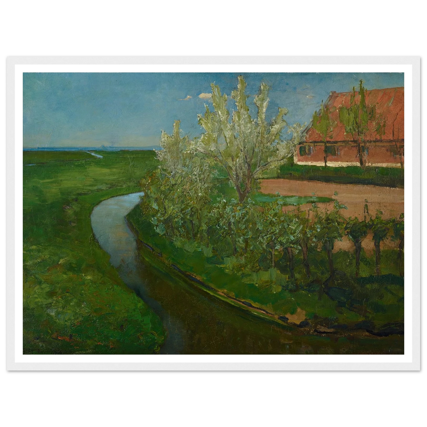 Gebogen irrigatiegracht grenzend aan boerenerf met Bloeiende bomen (Curved Irrigation Ditch Bordering Farmyard with Flowering Trees) (1902) Art Print | Piet Mondrian-Quipham Collections