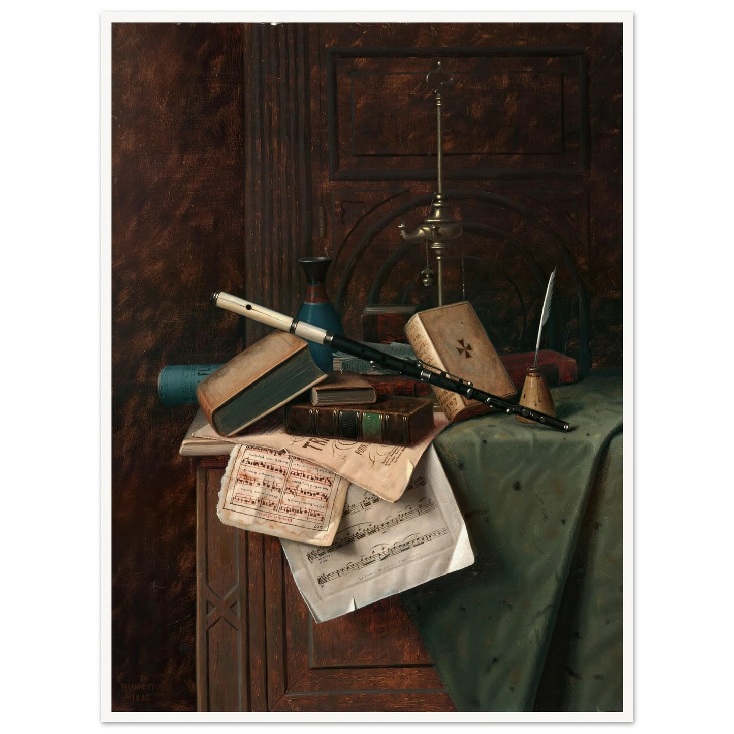 Still Life with Flute, Vase and Roman Lamp (1885) Art Print | William Michael Harnett-Quipham Collections