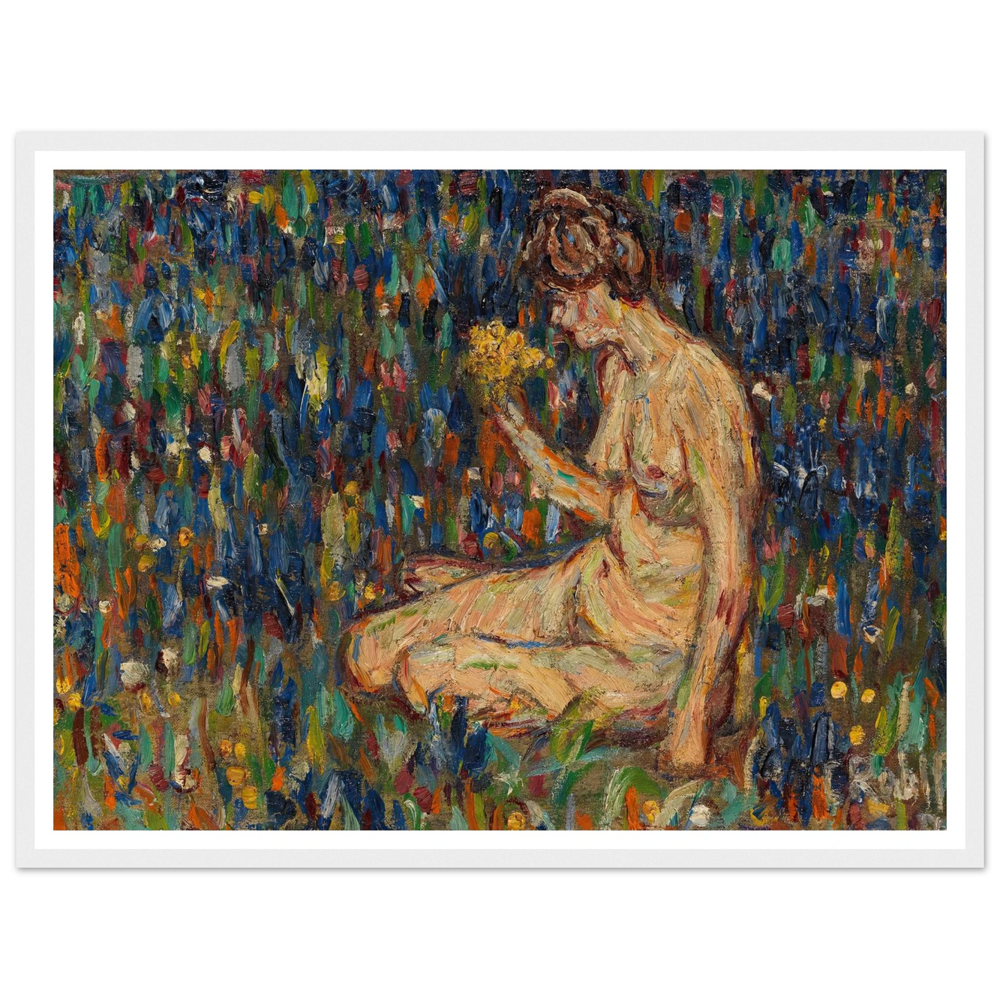 Frauenakt mit gelbem Blumenstrauß (Mädchen auf der Wiese) (1905) Art Print | Christian Rohlfs-Quipham Collections