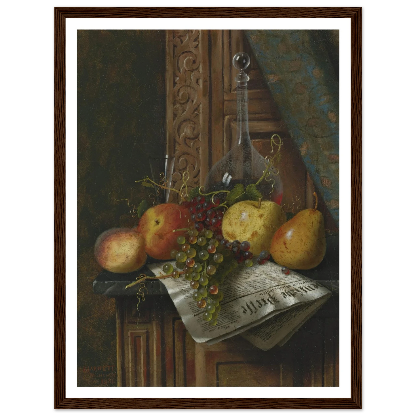 Still Life with Munich Newspaper, Fruit and Decanter (1881) Art Print | William Michael Harnett-Quipham Collections