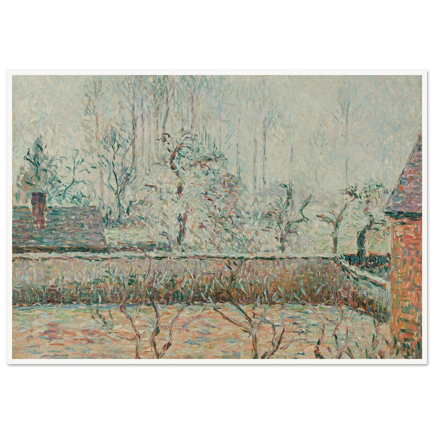 Paysage Avec Maisons Et Mur De Clôture, Givre Et Brume, Éragny (1892) Art Print | Camille Pissarro-Quipham Collections