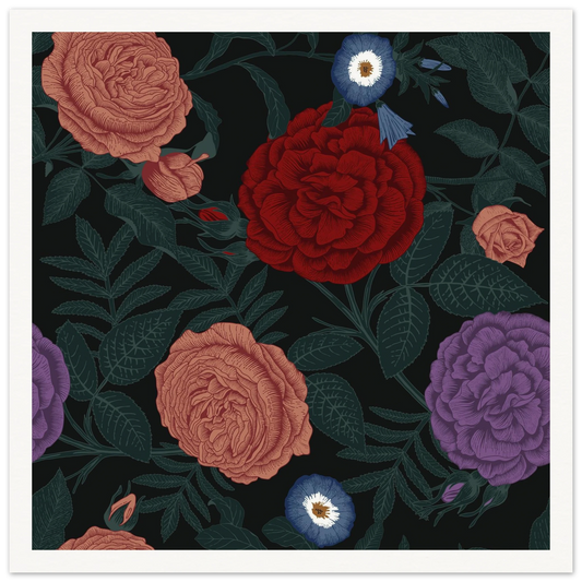 Dark Peony Droplets Art Print | William Morris Inspired - Framed Poster - 30x30 cm / 12x12″ - Black frame