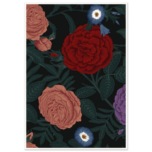 Dark Peony Droplets Art Print | William Morris Inspired - Framed Poster - 30x30 cm / 12x12″ - Black frame