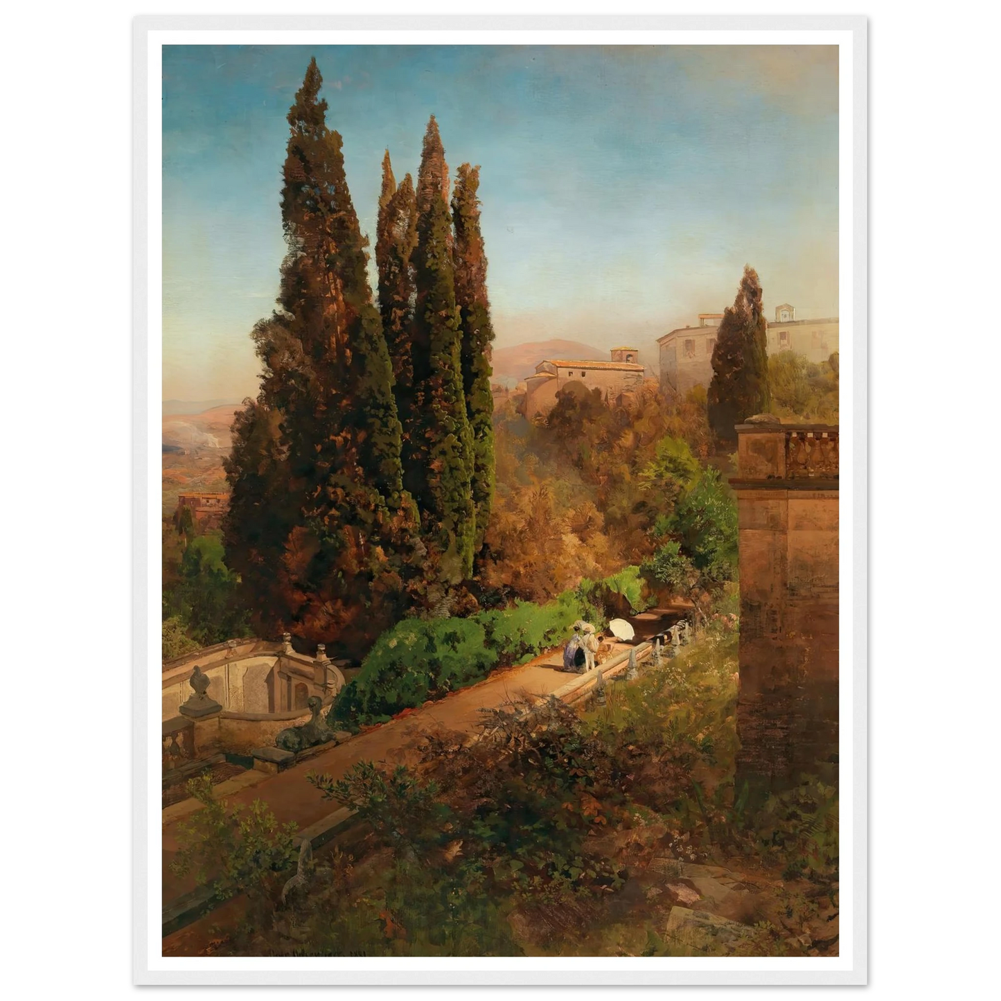 A view of the garden of Villa d’Este in Tivoli, near Rome Art Print | Oswald Achenbach-Quipham Collections