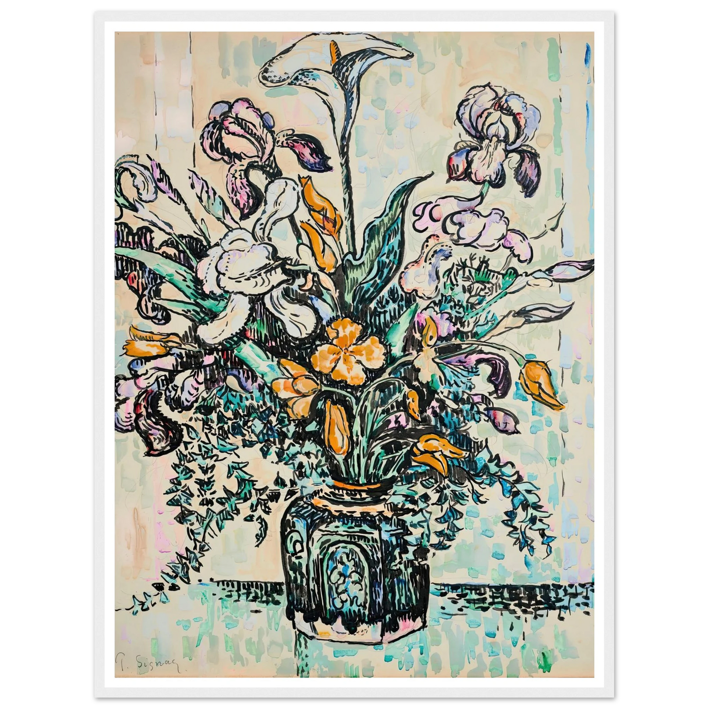 Bouquet (iris, arum, tulipes) dans un vase d’André Metthey (ca 1910) Art Print | Paul Signac-Quipham Collections