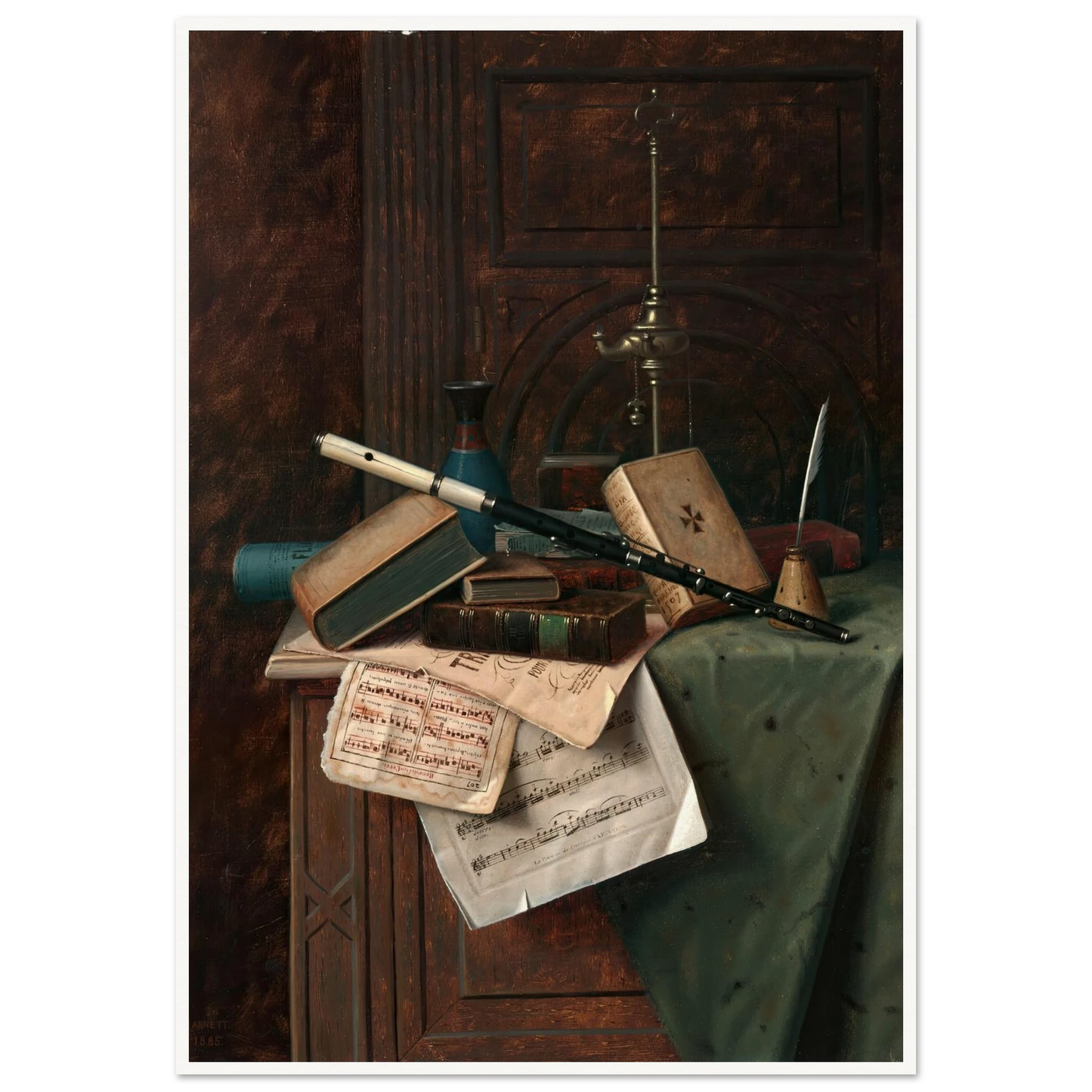 Still Life with Flute, Vase and Roman Lamp (1885) Art Print | William Michael Harnett-Quipham Collections