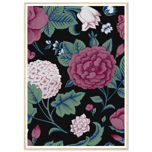 Deep Hydrangea & Rose Art Print | William Morris Inspired - Framed Poster - 30x30 cm / 12x12″ - Black frame