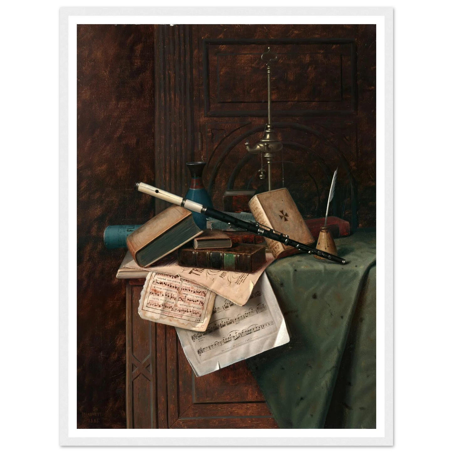 Still Life with Flute, Vase and Roman Lamp (1885) Art Print | William Michael Harnett-Quipham Collections