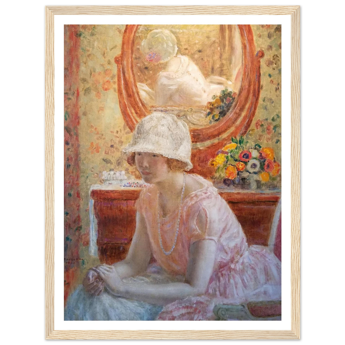 Young Girl Before a Mirror in a Pink Dress (1923) Art Print | Frederick Carl Frieseke-Quipham Collections