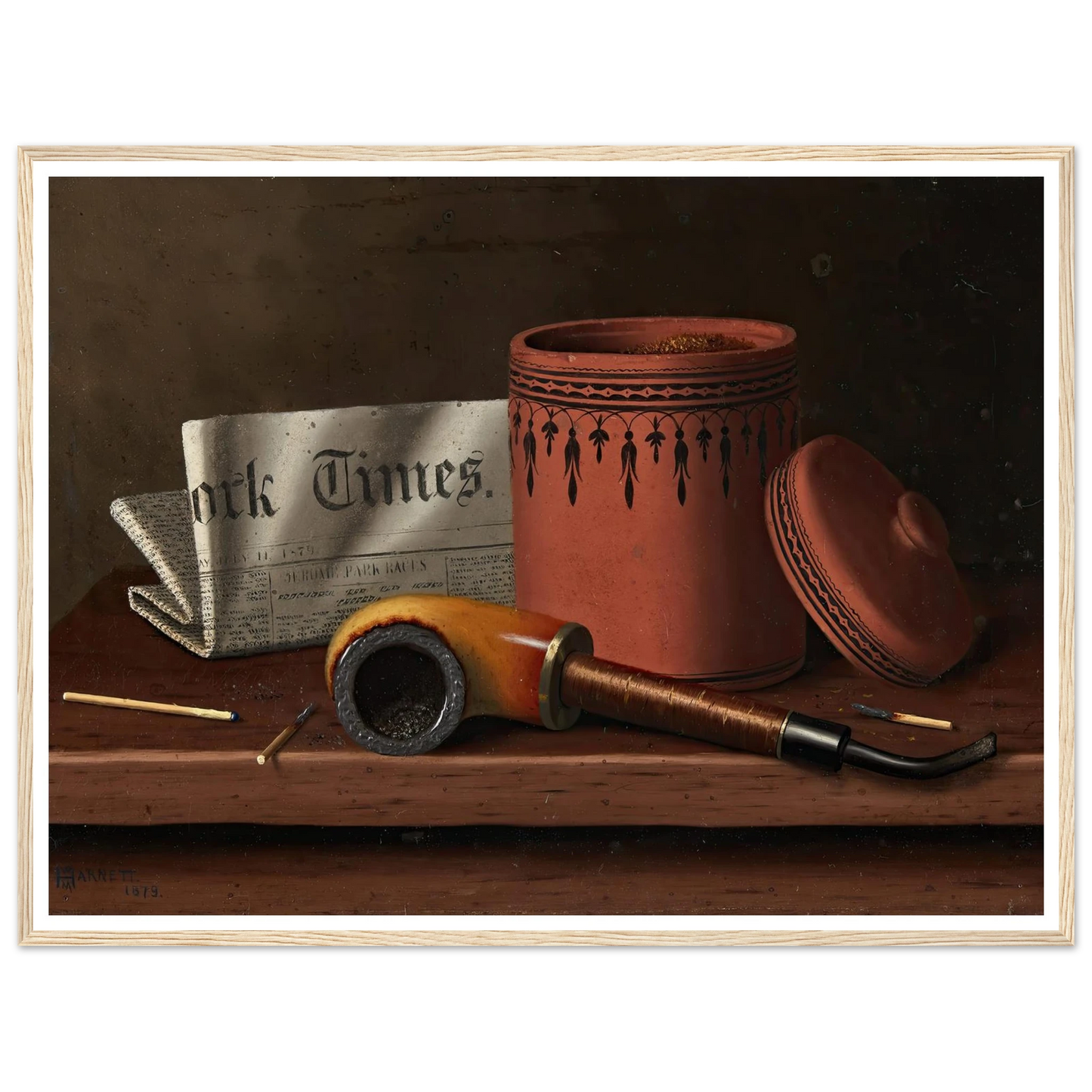 Still Life with New York Times, Tobacco Jar, Pipe and Matches (1879) Art Print | William Michael Harnett-Quipham Collections