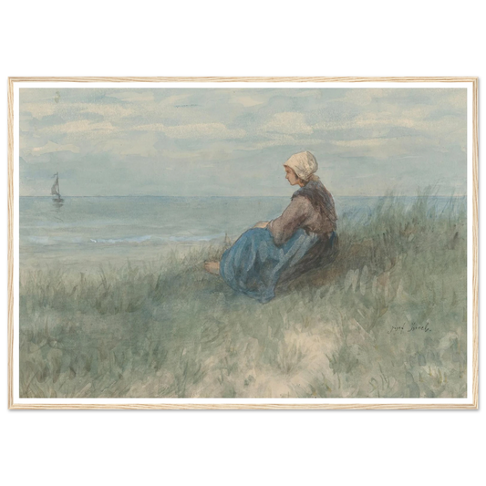 Een vrouw zit op een duin naar zee te kijken (1834 - 1911) Art Print | Jozef Israels - Framed Poster - 30x40 cm / 12x16″ - Black frame