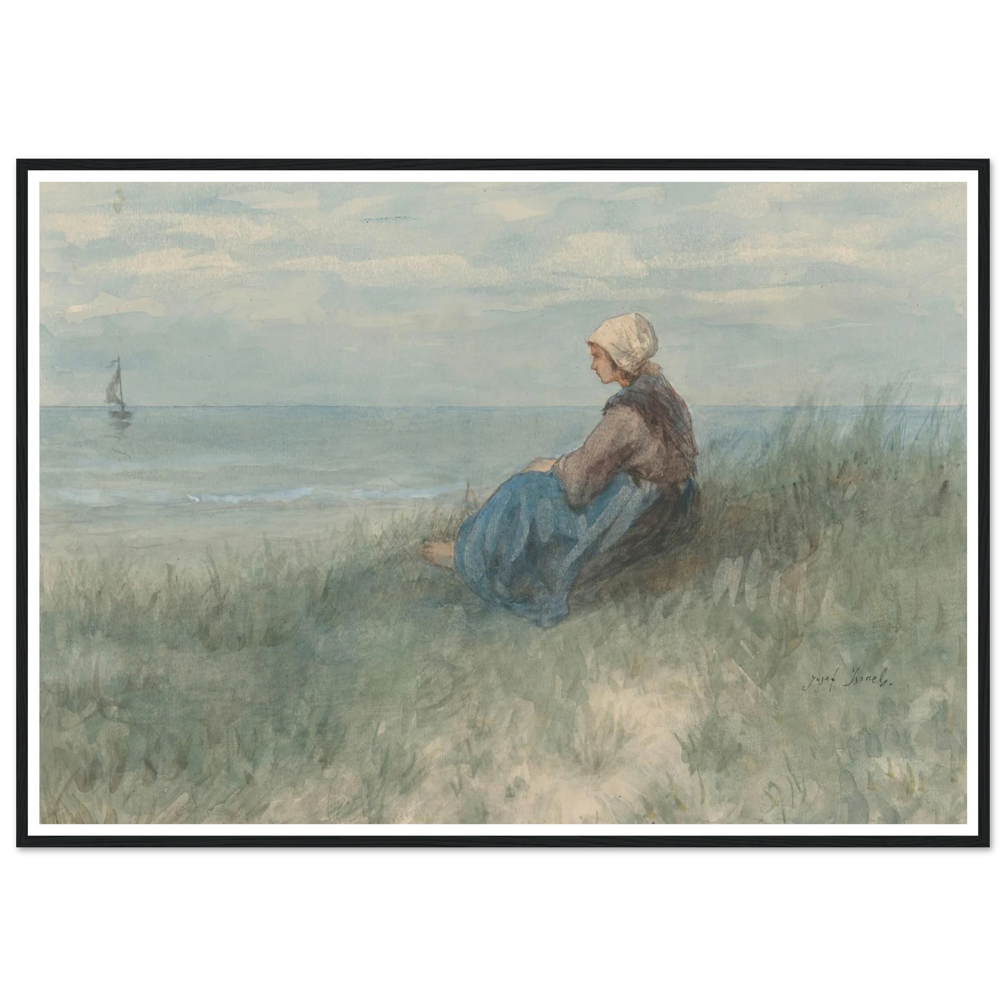 Een vrouw zit op een duin naar zee te kijken (1834 - 1911) Art Print | Jozef Israels - Framed Poster - 30x40 cm / 12x16″ - Black frame