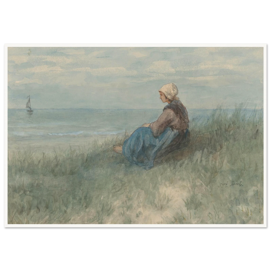 Een vrouw zit op een duin naar zee te kijken (1834 - 1911) Art Print | Jozef Israels - Framed Poster - 30x40 cm / 12x16″ - Black frame