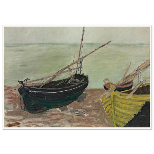 Étude de bateaux sur la plage d’Étretat (1885) Art Print | Claude Monet - Framed Poster - 30x40 cm / 12x16″ - Black frame