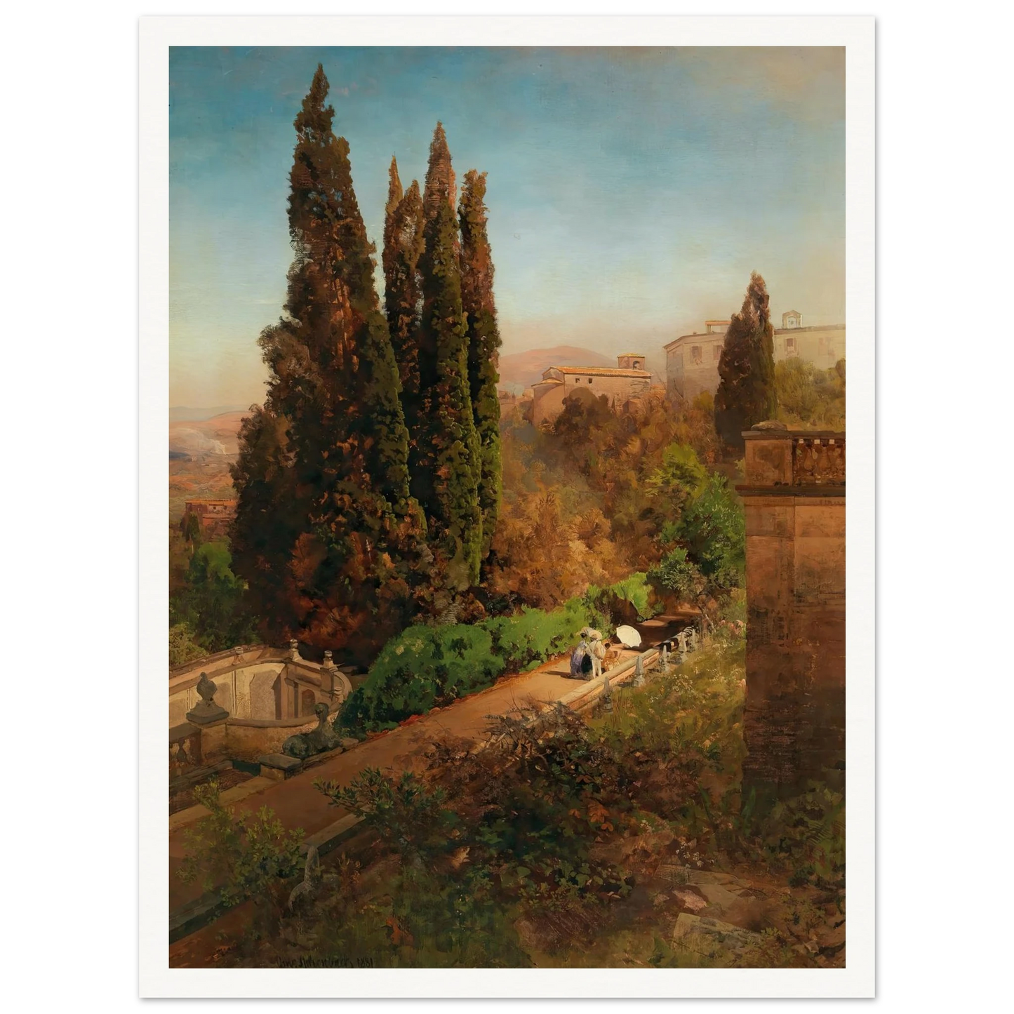 A view of the garden of Villa d’Este in Tivoli, near Rome Art Print | Oswald Achenbach-Quipham Collections