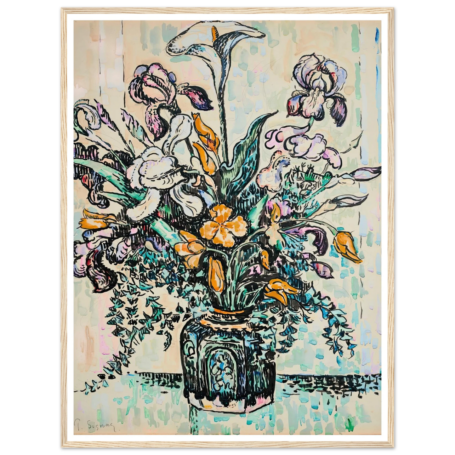 Bouquet (iris, arum, tulipes) dans un vase d’André Metthey (ca 1910) Art Print | Paul Signac-Quipham Collections